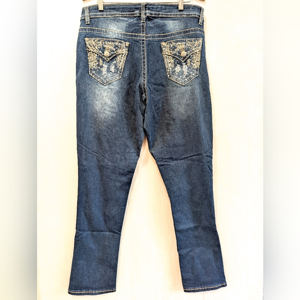 REBEL & SOUL Straight Blue Denim Jeans with Embellished Bling Pockets Size 16